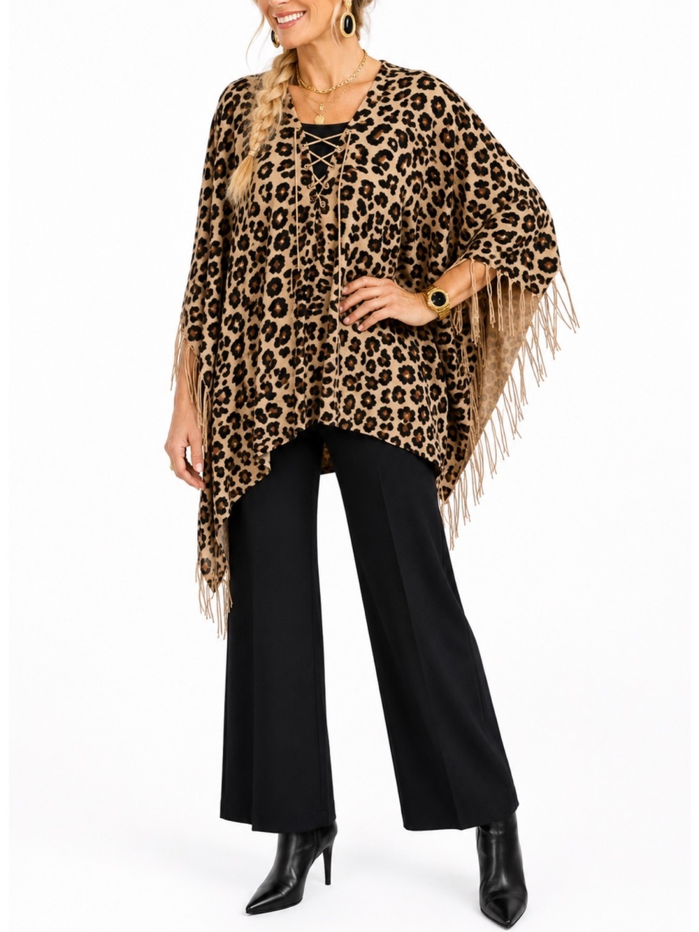 CHICOS CHIC LEOPARD PRINT LACE UP FRINGE PONCHO SZ OS EUC